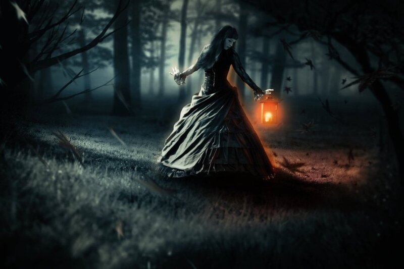 Woman in Black Dress — Mysterious, Night, Digital Art, Lantern