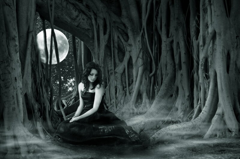 Woman in Black Dress — Mysterious, Night, Digital Art, Moon, Roots