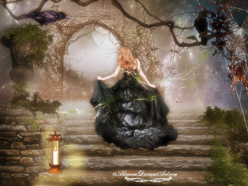 Woman in Black Dress — Mystical, Night, Digital Art, Crows