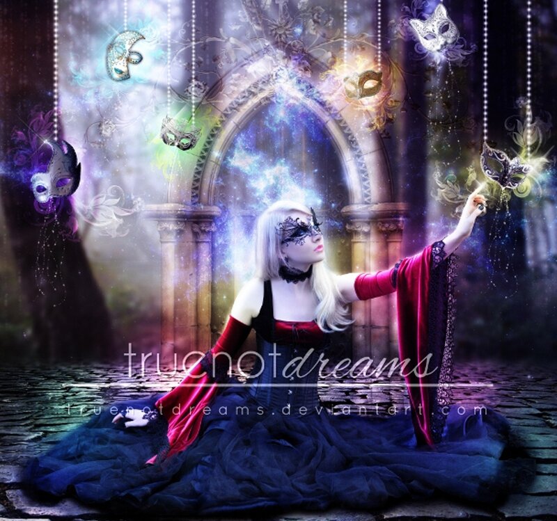 Woman in Black Dress — Mystical, Night, Digital Art, Masks