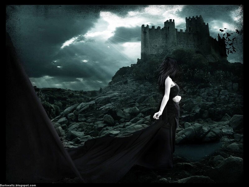 woman in black dress near castle