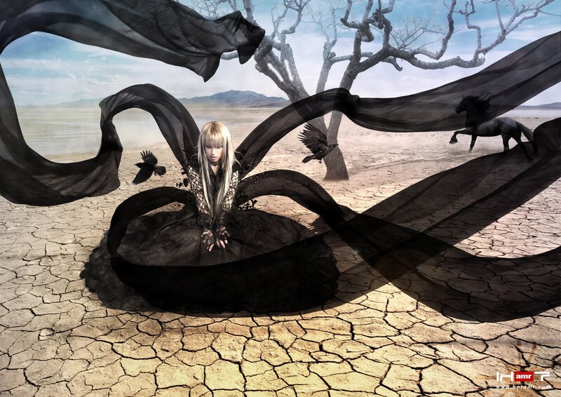 woman in black dress on cracked earth