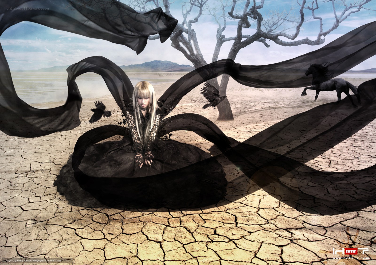 woman in black dress on cracked earth