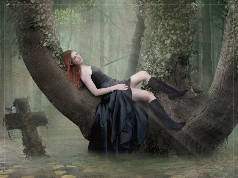 Woman in black dress on tree