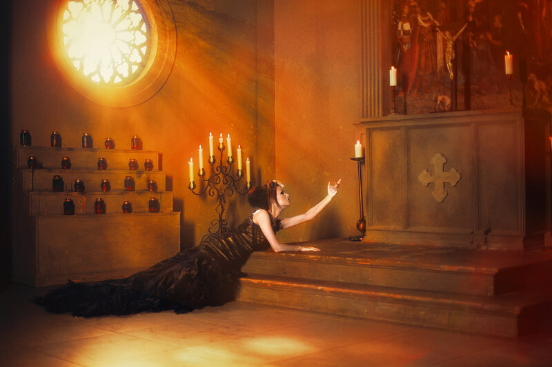 Woman in Black Dress — Orange, Dramatic, Night, Photograph