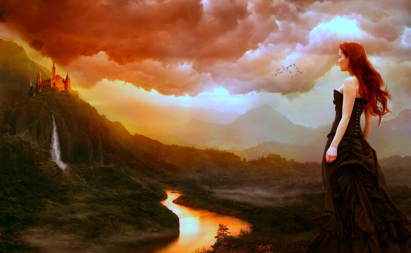 Woman in Black Dress — Orange, Dramatic, Sunset, Digital Art, Castle, River