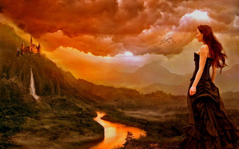 Woman in Black Dress — Orange, Dramatic, Sunset, Digital Art, Castle