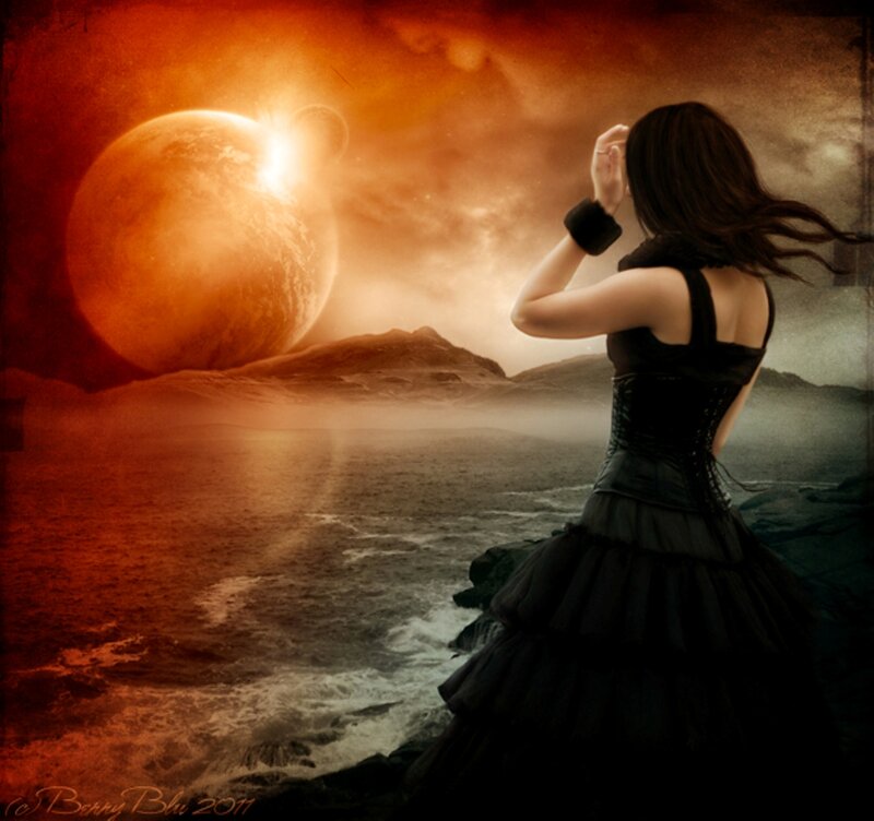 Woman in Black Dress — Orange, Dramatic, Sunset, Digital Art, Planet