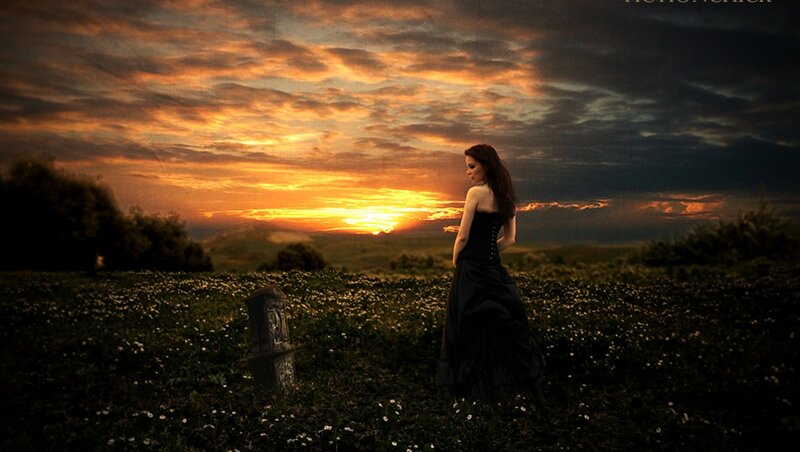 Woman in Black Dress — Orange, Dramatic, Sunset, Photograph