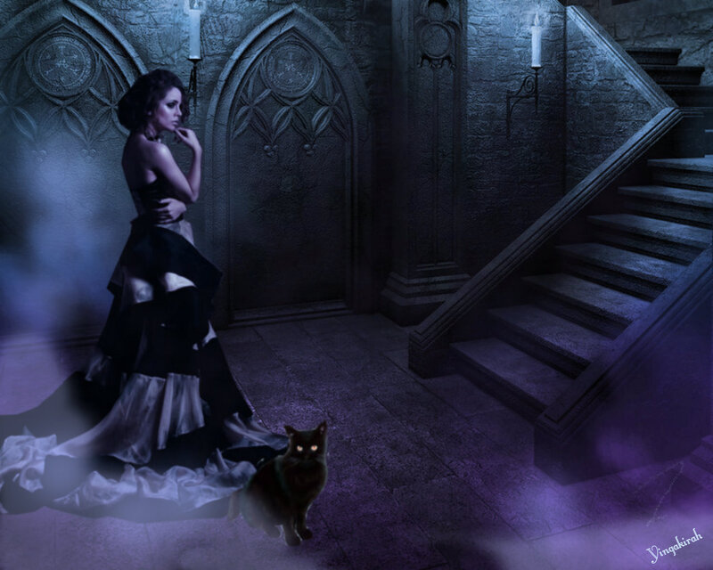 Woman in Black Dress — Purple, Dramatic, Night, Digital Art, Cat, Stairs