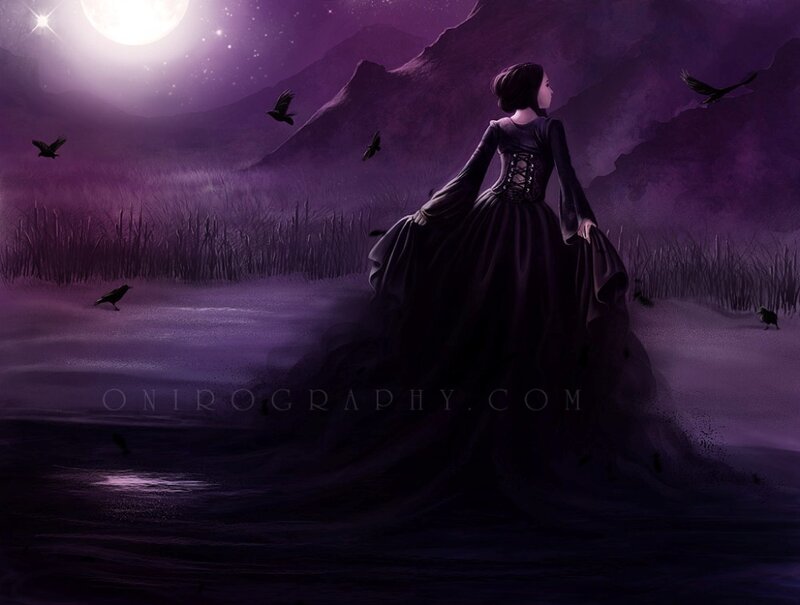 Woman in Black Dress — Purple, Dramatic, Night, Digital Art, Crows