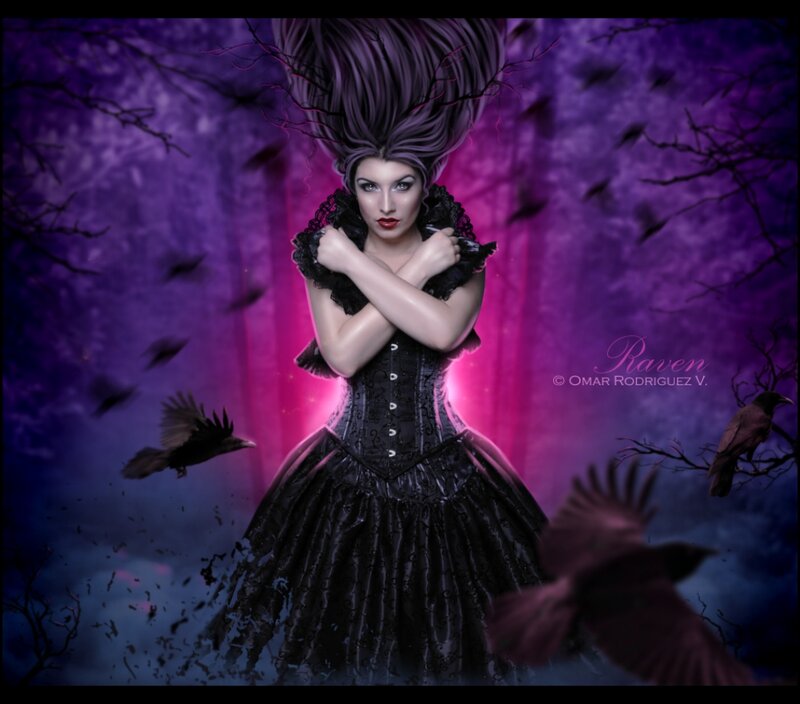 Woman in Black Dress — Purple, Dramatic, Night, Digital Art, Crows, Trees