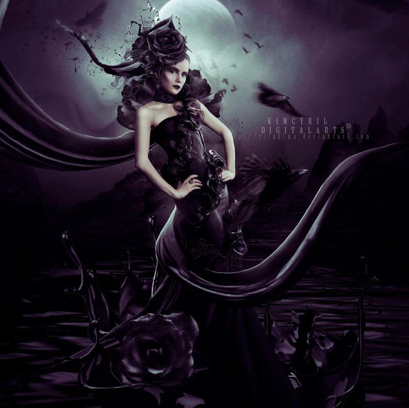 Woman in Black Dress — Purple, Dramatic, Night, Digital Art, Moon, Crows