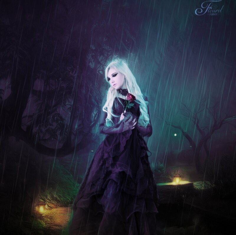 Woman in Black Dress — Purple, Dramatic, Night, Digital Art, Rose