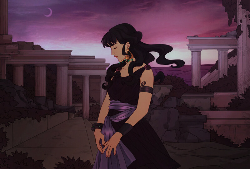 Woman in Black Dress — Purple, Dramatic, Night, Digital Art, Ruins
