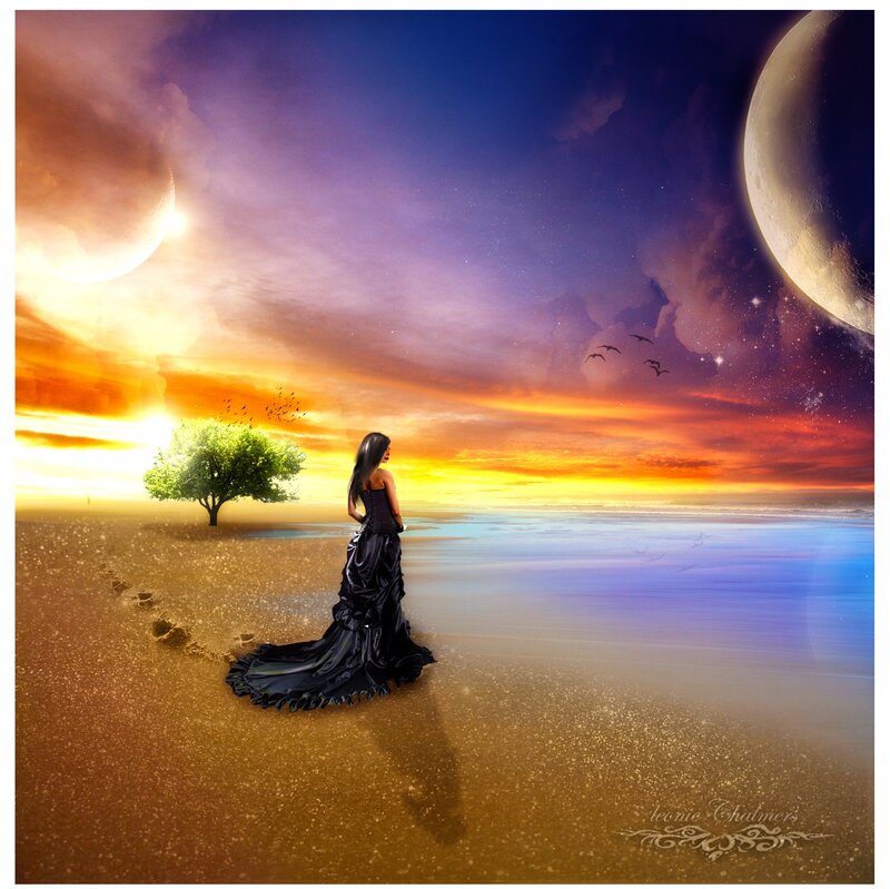 Woman in Black Dress — Purple, Dramatic, Sunset, Digital Art, Tree