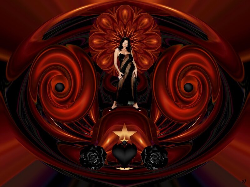 Woman in Black Dress — Red, Dramatic, Digital Art, Black Roses