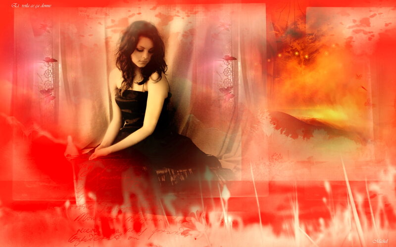 Woman in Black Dress — Red, Dramatic, Digital Art, Curtains