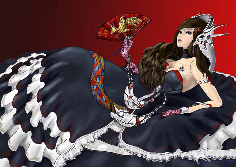 Woman in Black Dress — Red, Dramatic, Digital Art