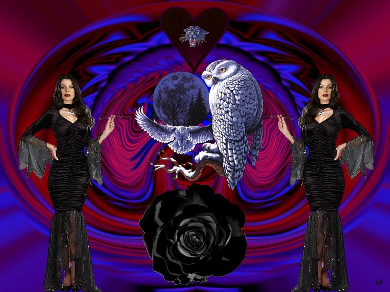 Woman in Black Dress — Red, Dramatic, Night, Digital Art, Owl