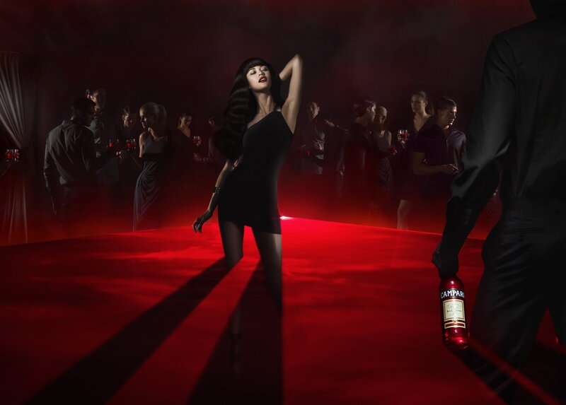 Woman in Black Dress — Red, Dramatic, Night, Photograph, Bottle