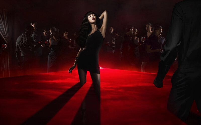 Woman in Black Dress — Red, Dramatic, Night