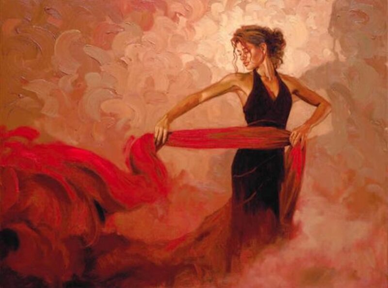 Woman in Black Dress — Red, Dramatic, Painting
