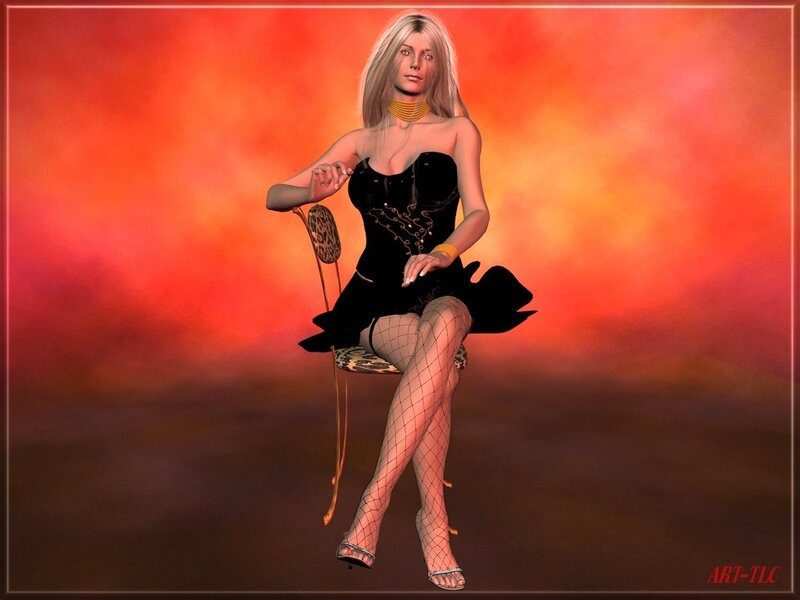 Woman in Black Dress — Red, Dramatic, Sunset, 3d Render, Chair