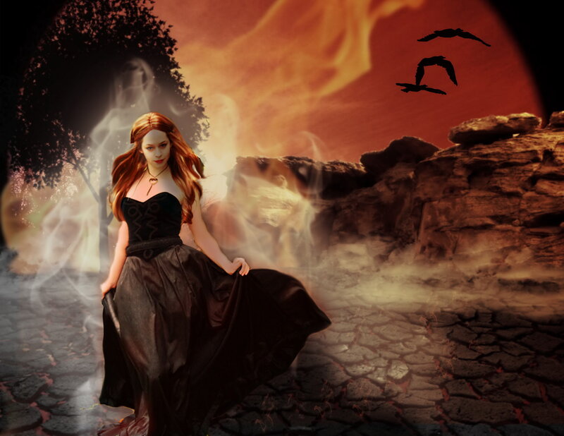 Woman in Black Dress — Red, Dramatic, Sunset, Digital Art, Flames