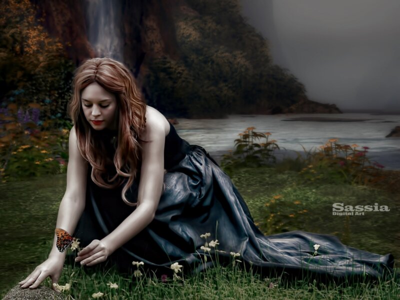 Woman in Black Dress — Serene, Digital Art, Butterfly