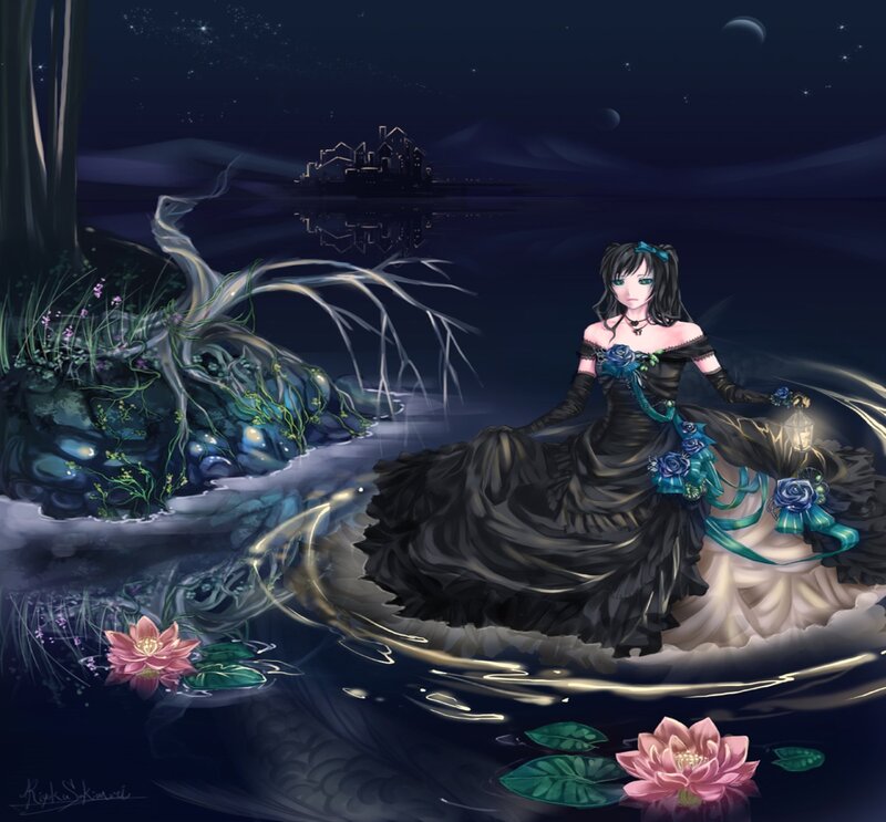 Woman in Black Dress — Serene, Night, Digital Art