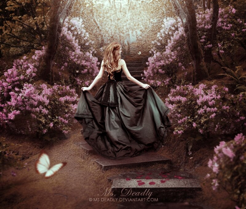 Woman in Black Dress — Serene, Spring, Digital Art, Butterfly