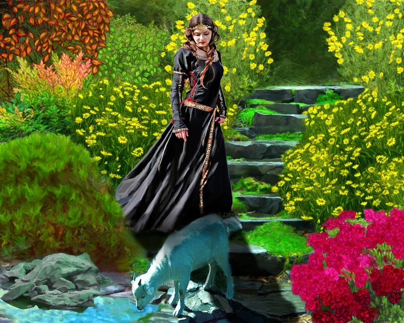 Woman in Black Dress — Serene, Spring, Digital Art, Goat