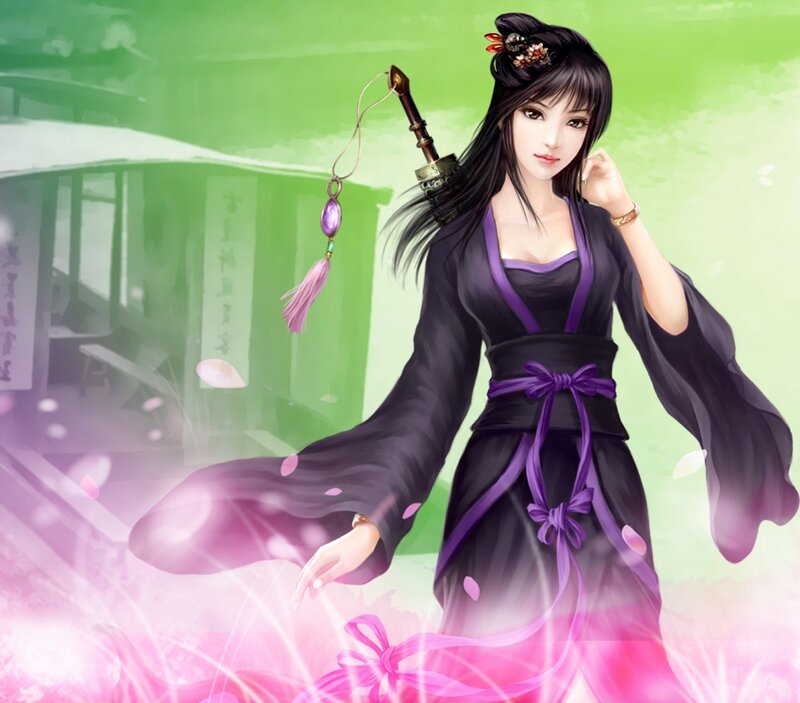 Woman in Black Dress — Serene, Spring, Digital Art, Sword