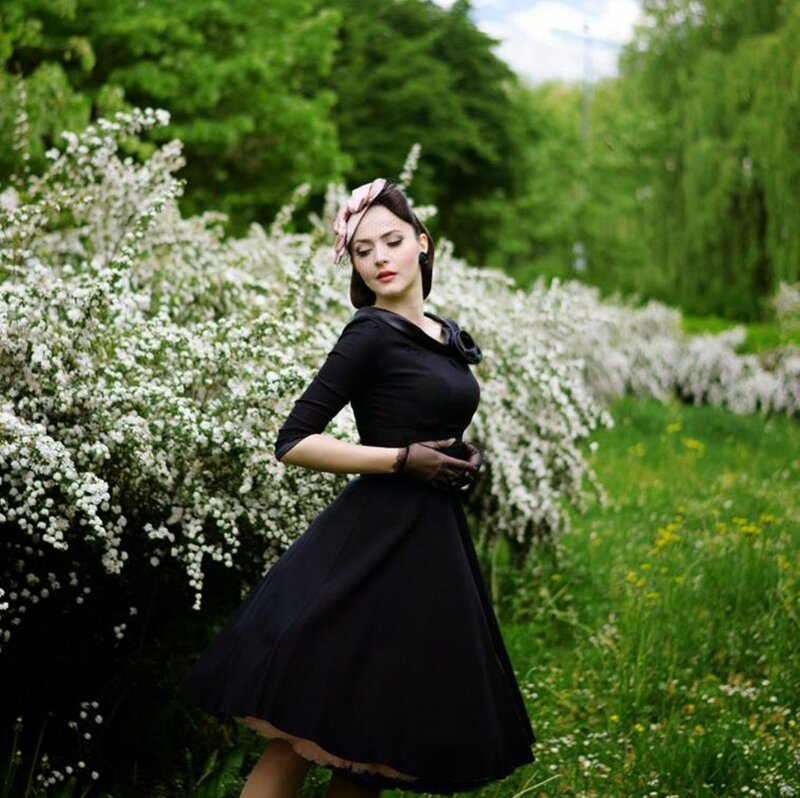 Woman in Black Dress — Serene, Spring, Photograph, Flowers