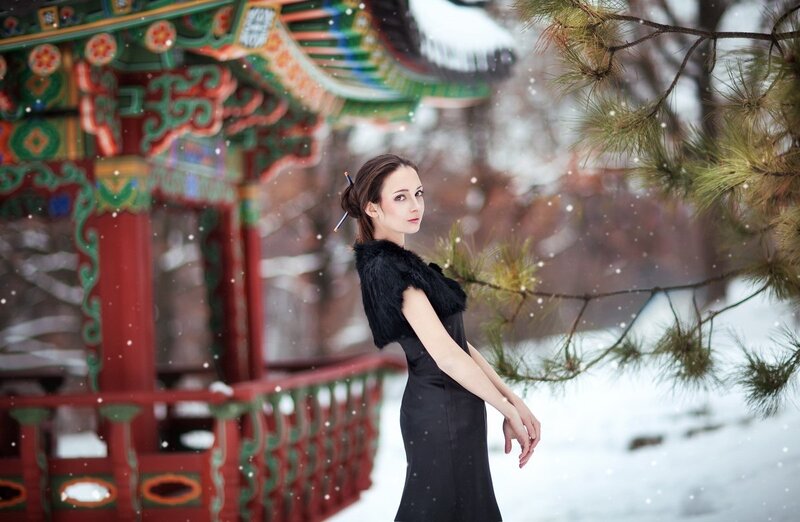 Woman in Black Dress — Serene, Winter