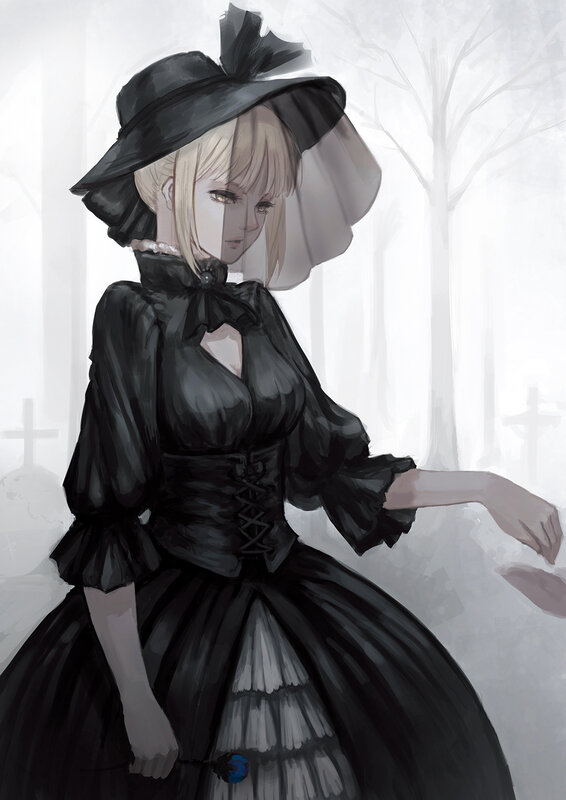 Woman in Black Dress — Somber, Digital Art, Hat