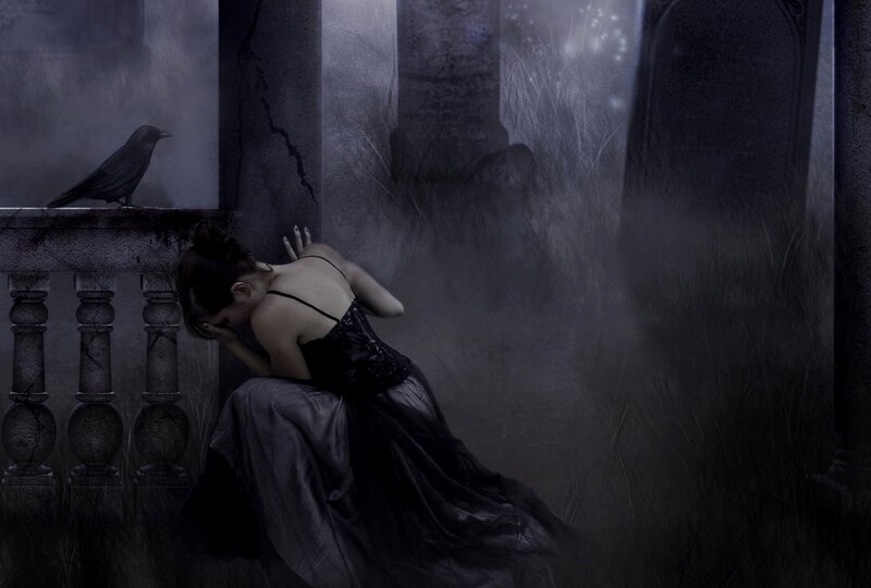 Woman in Black Dress — Somber, Night, Digital Art, Crow