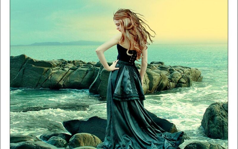 Woman in Black Dress — Teal, Dramatic, Sunset, Digital Art