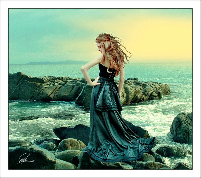 Woman in Black Dress — Teal, Dramatic, Sunset
