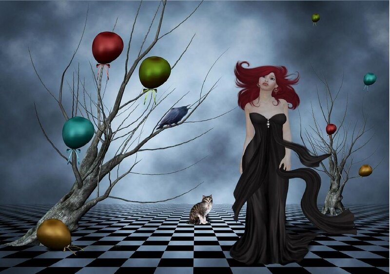 woman in black dress with balloons
