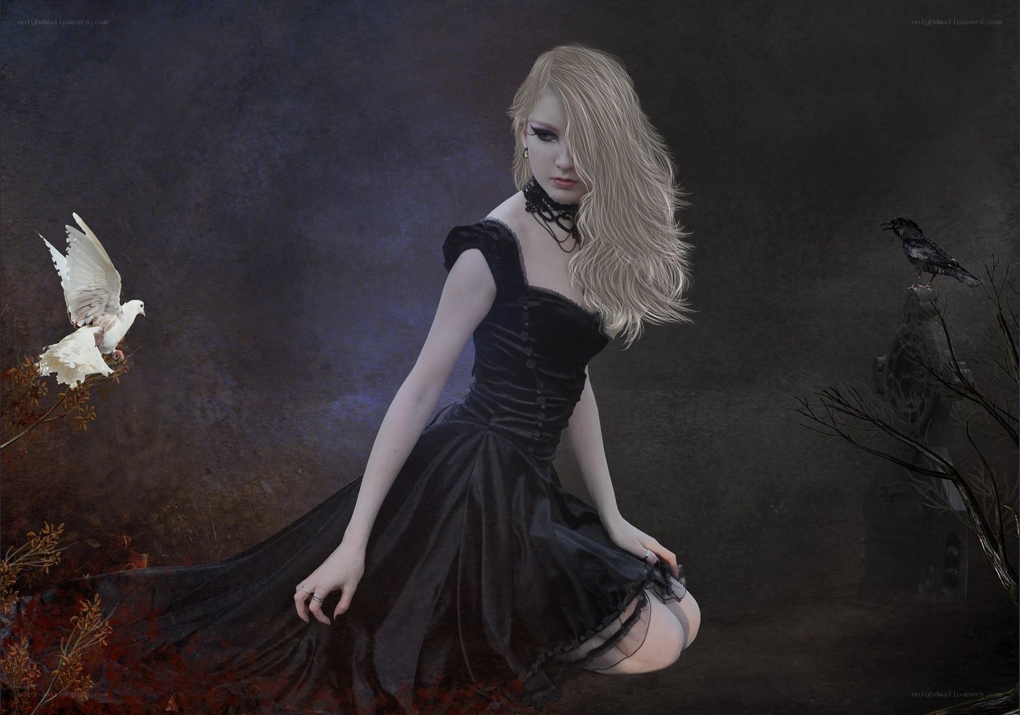 woman in black dress with birds