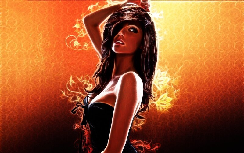 woman in black dress with fiery background