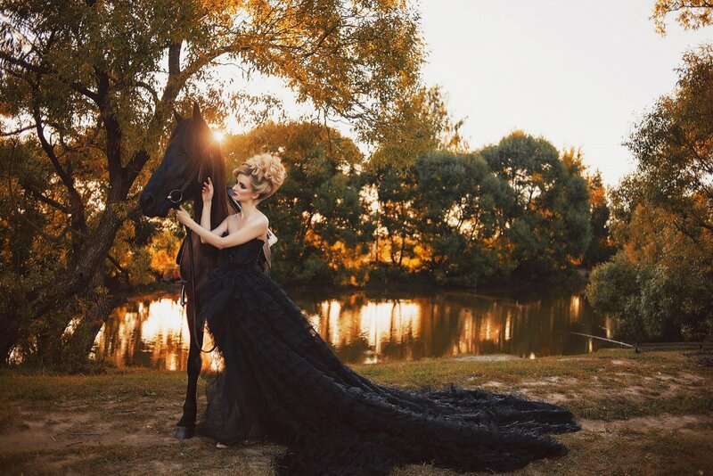 Woman in Black Dress with Horse