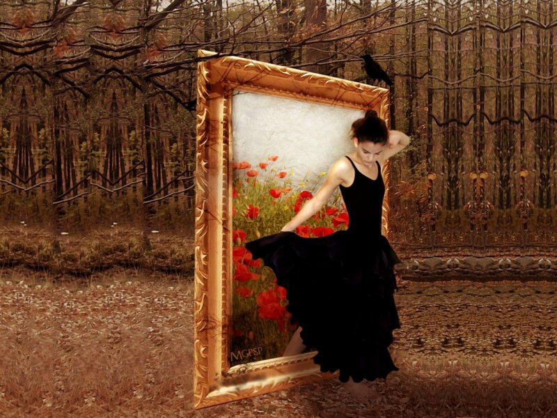 woman in black dress with painting