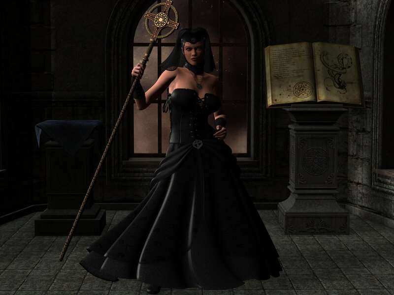 woman in black dress with staff