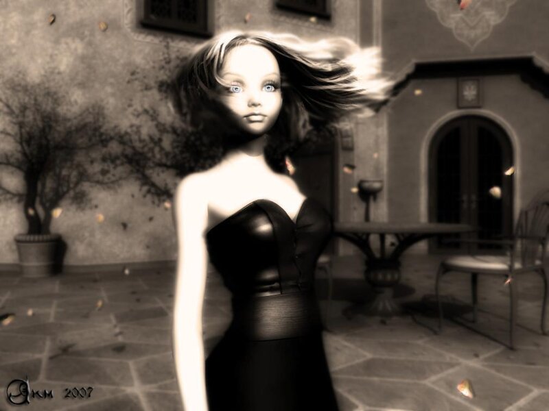 woman in black dress with wind-blown hair