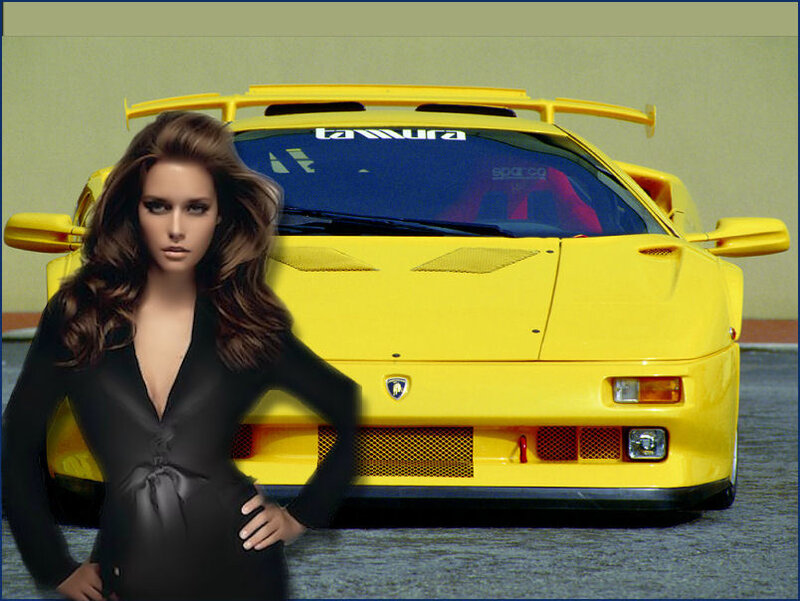 woman in black dress with yellow car