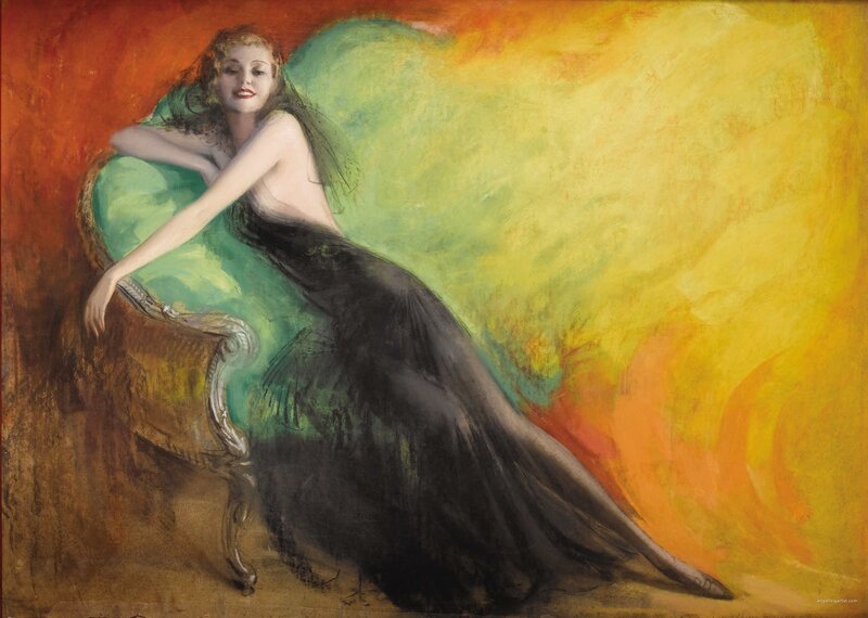 Woman in Black Dress — Yellow, Dramatic, Painting