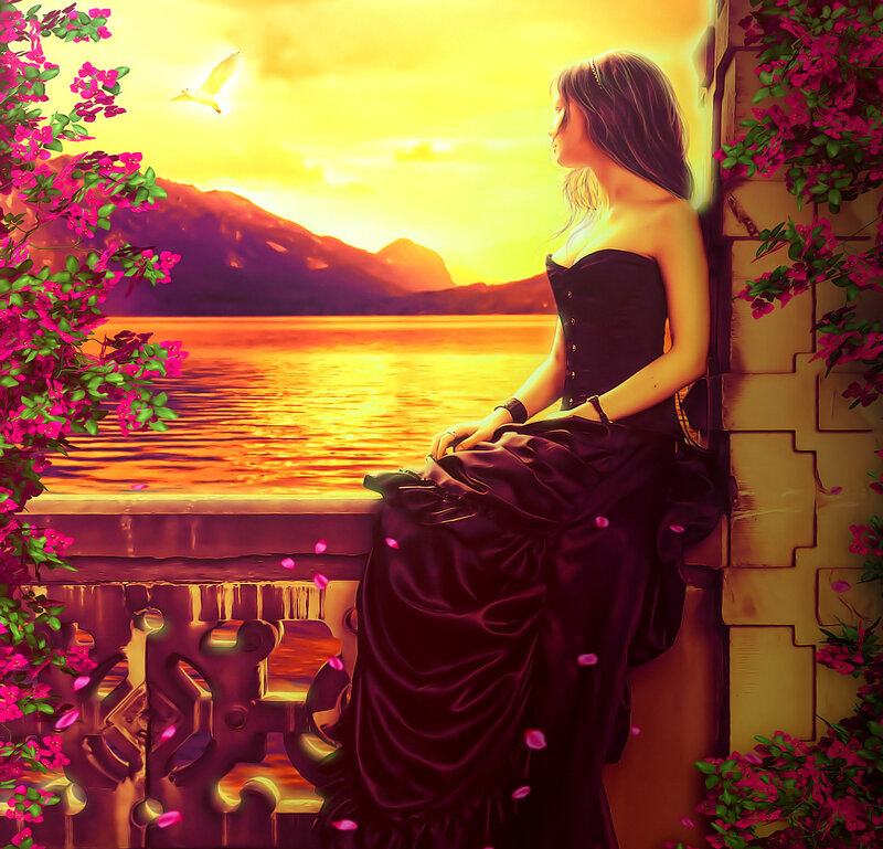 Woman in Black Dress — Yellow, Serene, Sunset